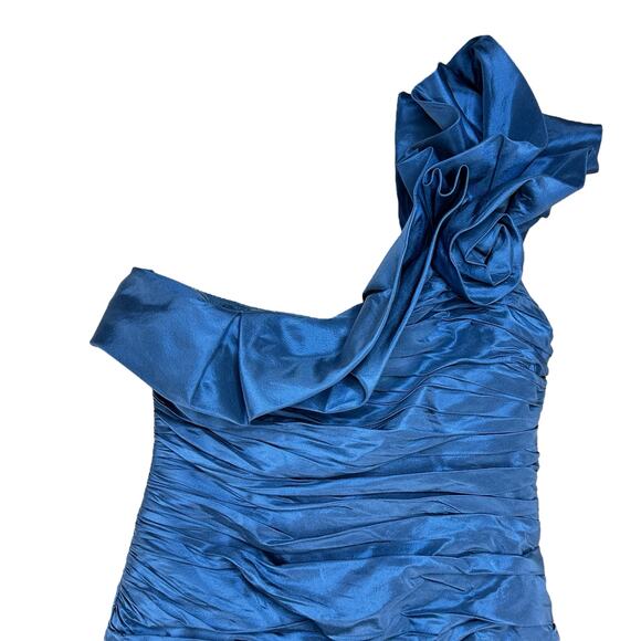 Teri Jon by Rickie Freeman Asymmetric Bodycon Mini Dress Size 2 Blue Silk HOCO - Picture 2 of 6